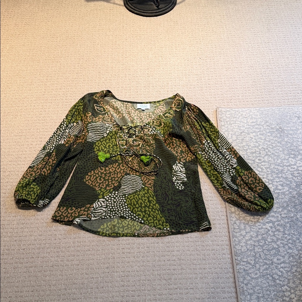 TAJ by Sabrina Crippa Olive & Brown Lace-Up Patterned Blouse